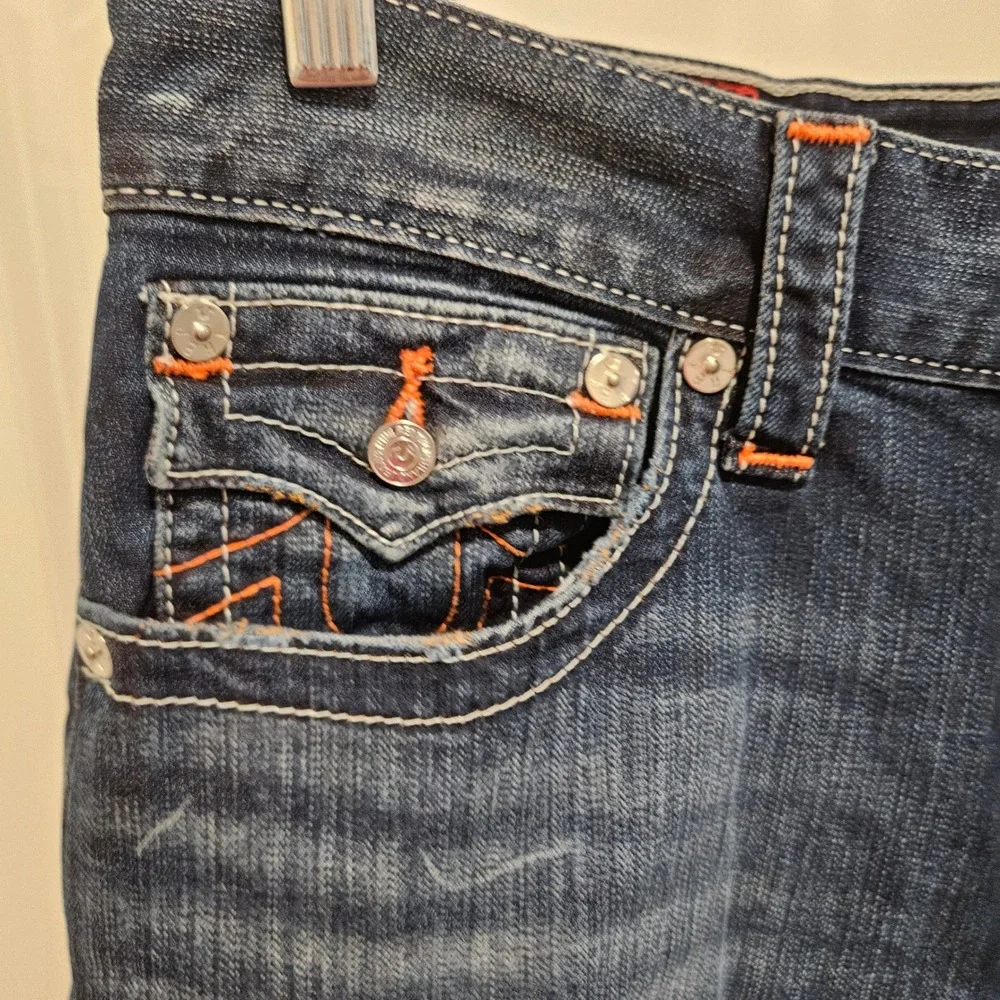 True Religion Jeans Mens 32 Blue Straight Flap Orange Stitch Distressed Ripped